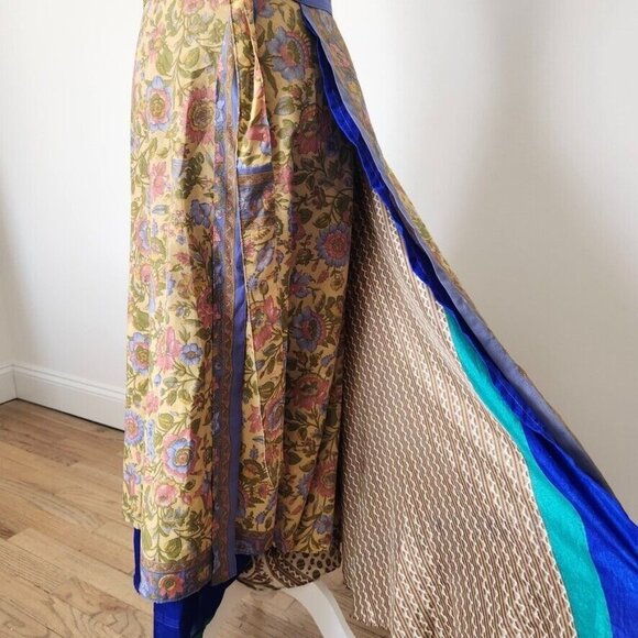 Vtg Silk Wrap Maxi Skirt Reversible Floral Yellow Multi India Sari Boho One Size - Picture 4 of 15